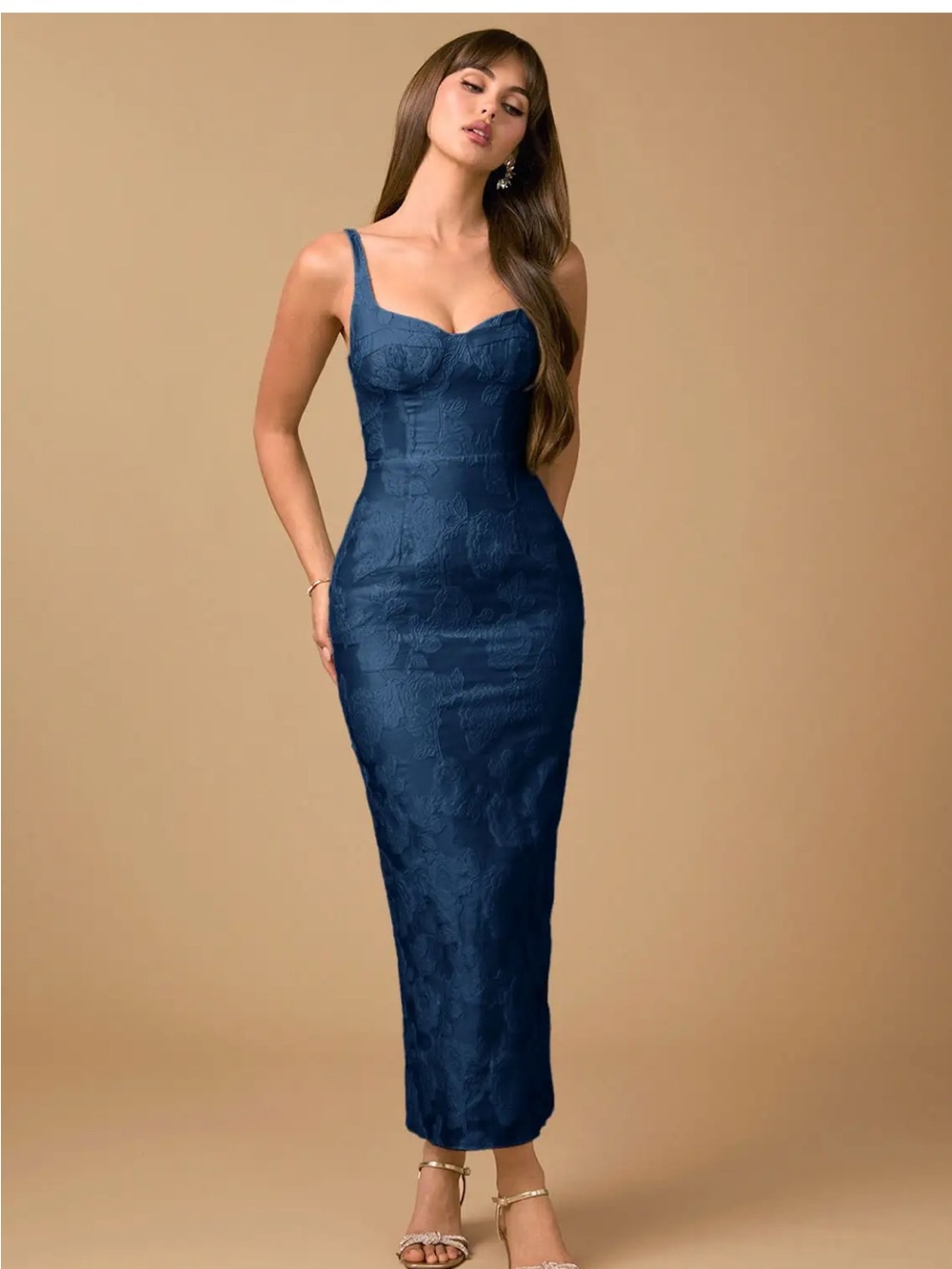 NEW Azazie Navy Blue Lace-Texture Midi Dress